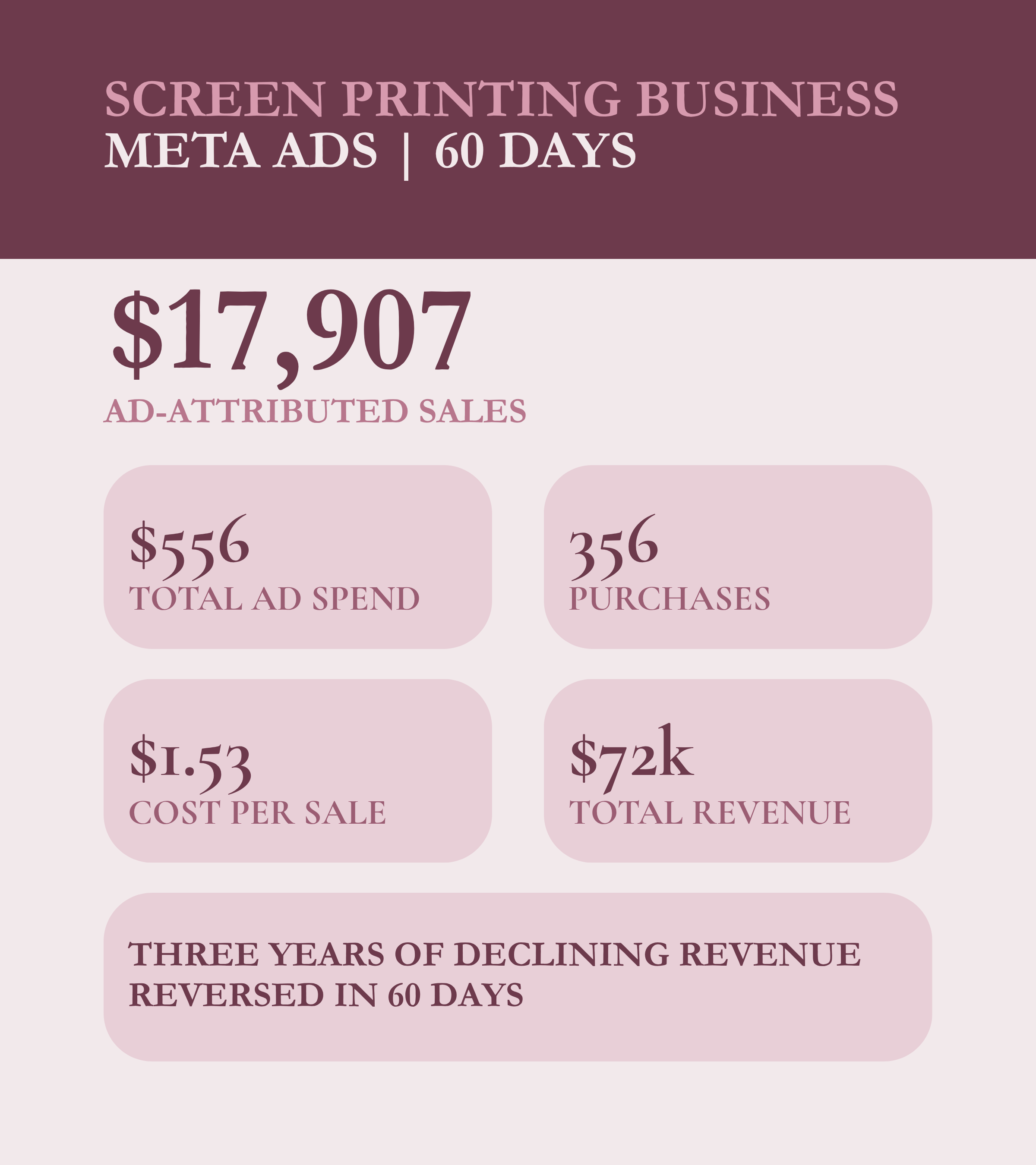 Business report showing $17,907 sales, $556 ad spend, 356 purchases, $1.53 cost per sale, $72K revenue, and declining revenue statement.