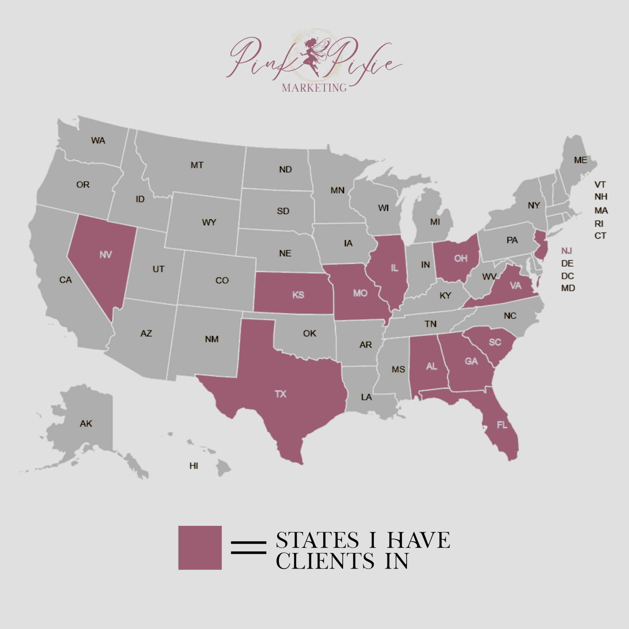 Map of the United States highlighting states with clients in purple, including Nevada, Texas, Florida, and others.