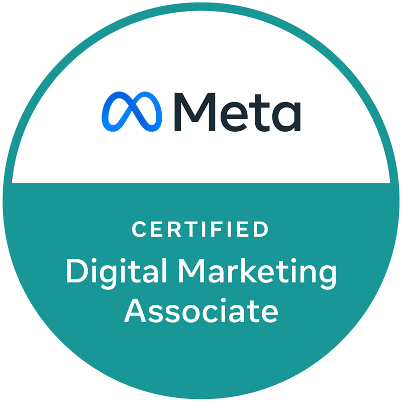 Meta Certified Digital Marketing Associate badge with logo and text, circular design, teal and white colors.