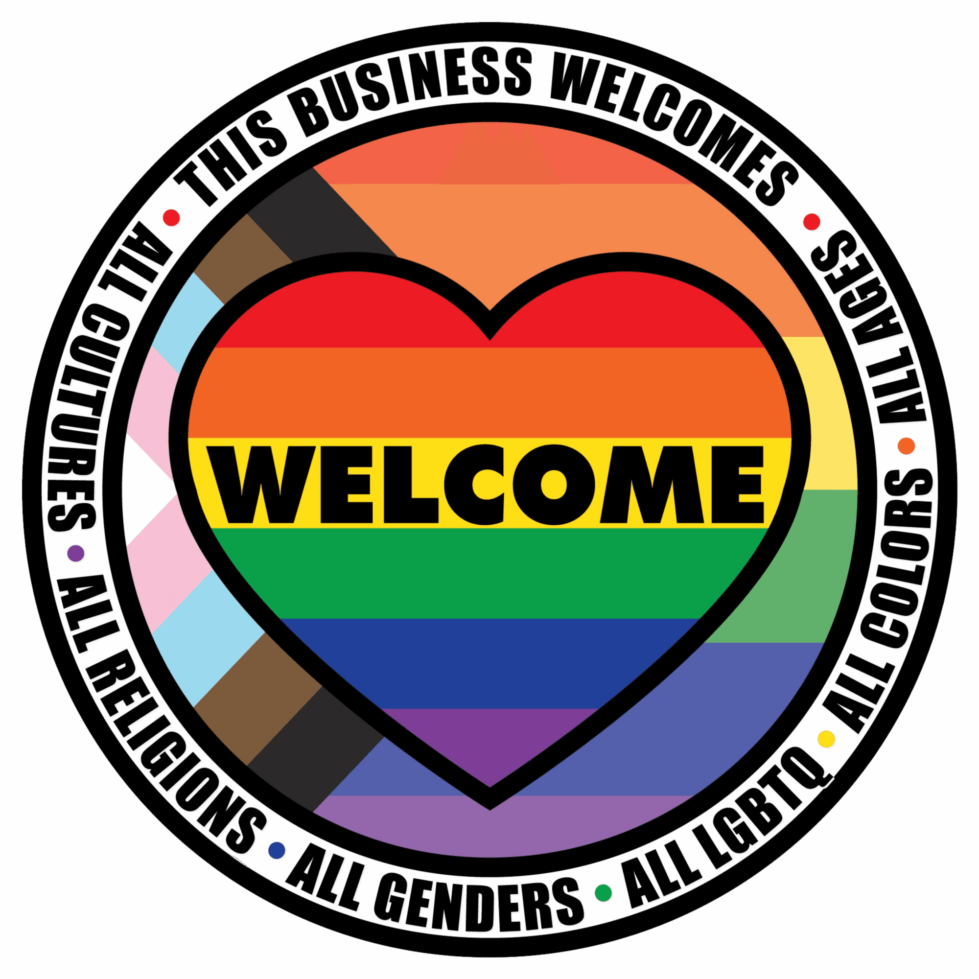 Heart with rainbow stripes and the word WELCOME inside, surrounded by a circular border with inclusive messages.