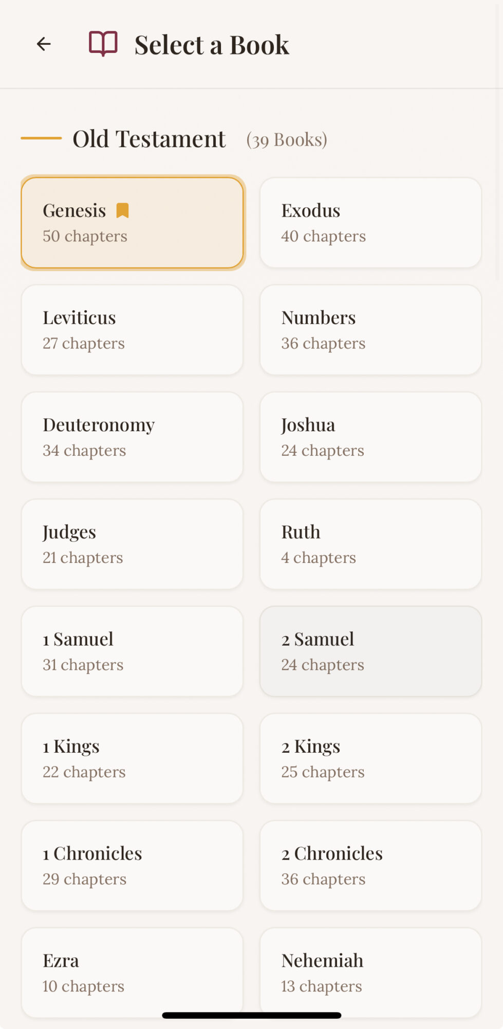 List of Old Testament books with chapter counts, including Genesis, Exodus, Leviticus, Numbers, and others.