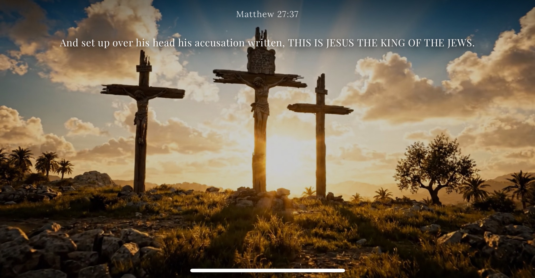 Three crosses on a hill with a sunset sky, trees, and clouds in the background.