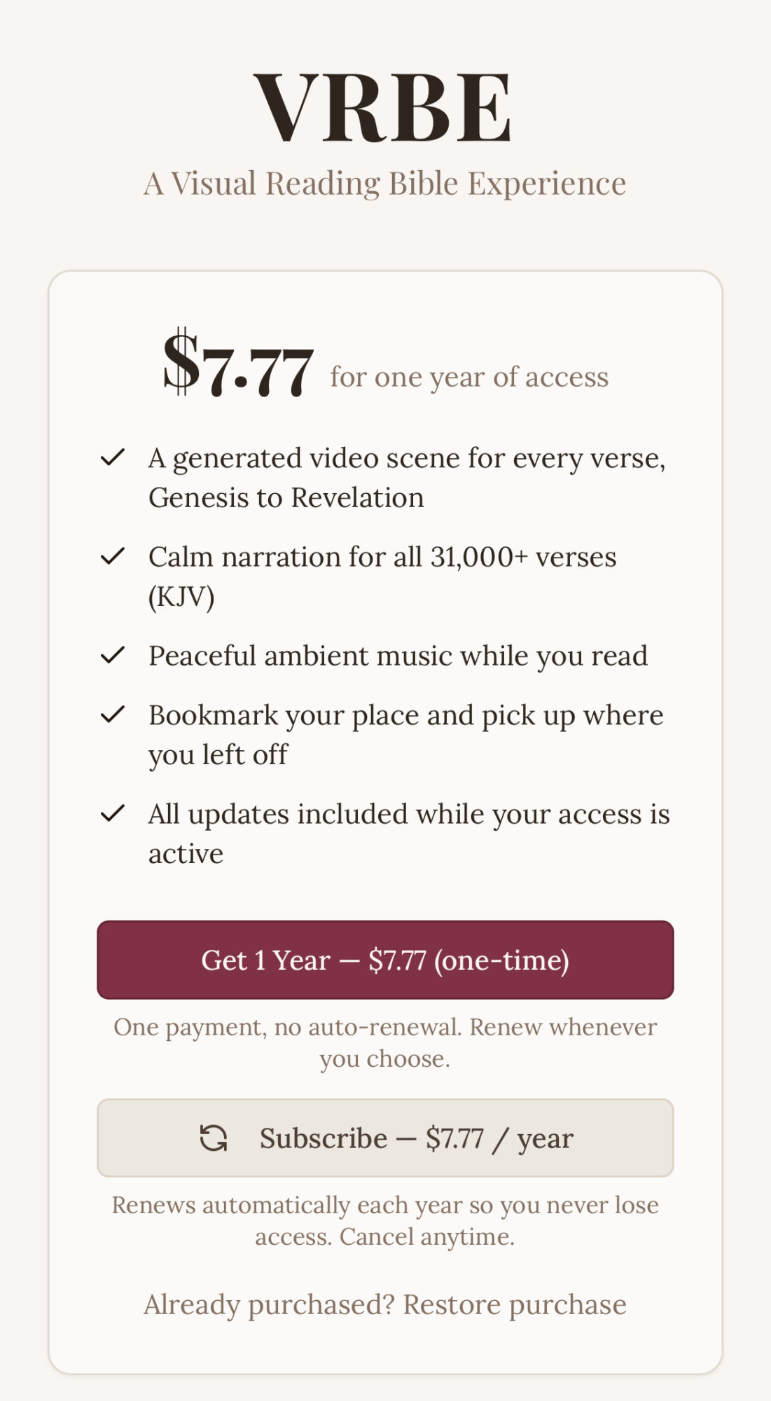 Text about VRBE Bible experience, pricing, features, and subscription options, with a white background and black text.